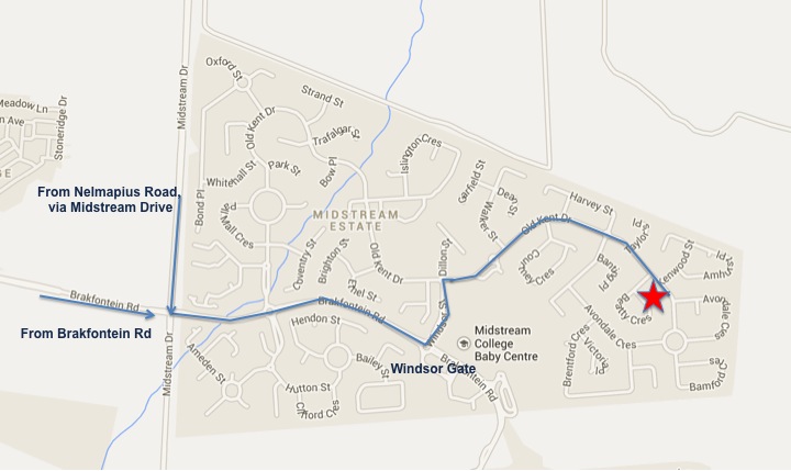 Map to the Educational Psychology practice in Midstream Estate, close to Centurion, Irene, Southdowns
